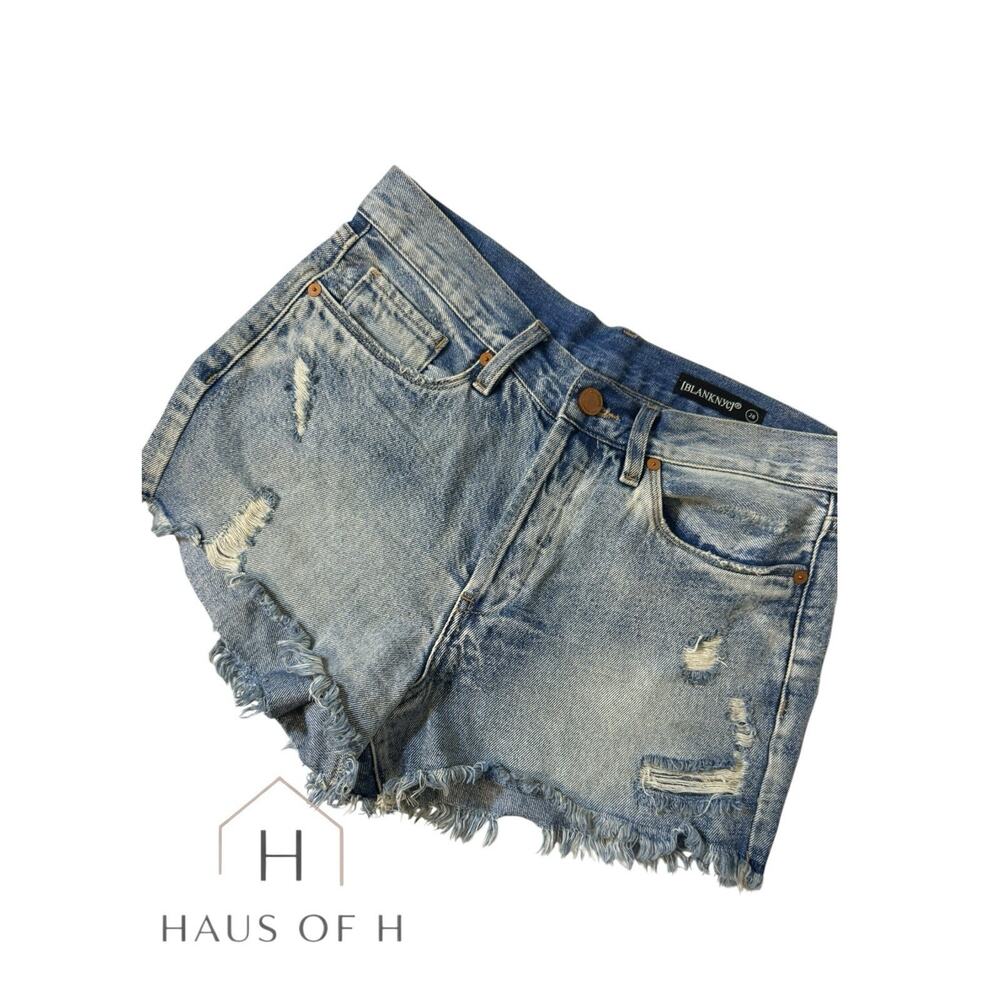 BLANKNYC Vintage High Rise Denim Distressed Jean Shorts Light Wash 28